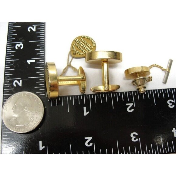 Sarah Coventry Cufflinks Set Swarovski Crystal Gold Tone Wedding Tux Vintage - Picture 11 of 13